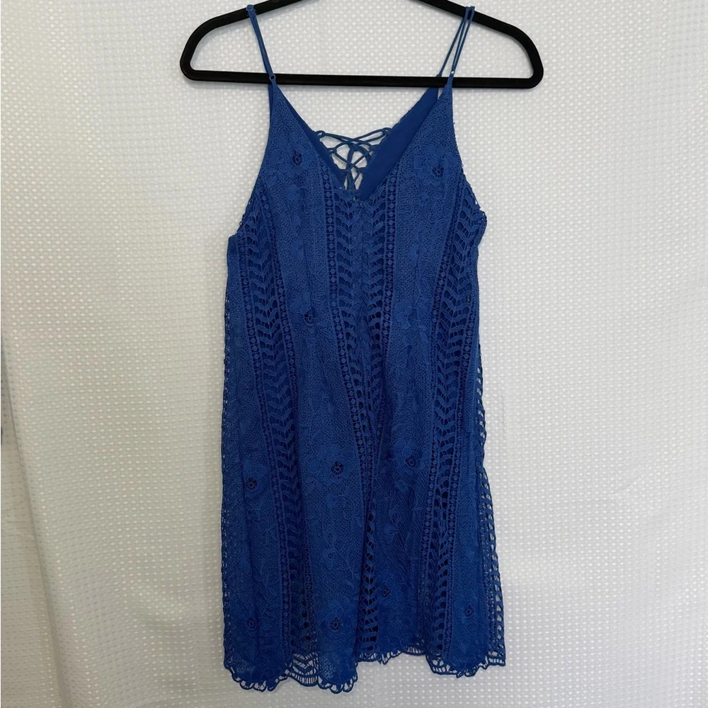 ASTR Blue Lace Up Crochet Slip Dress Spaghetti Straps Boho Festival Size S - Picture 7 of 9